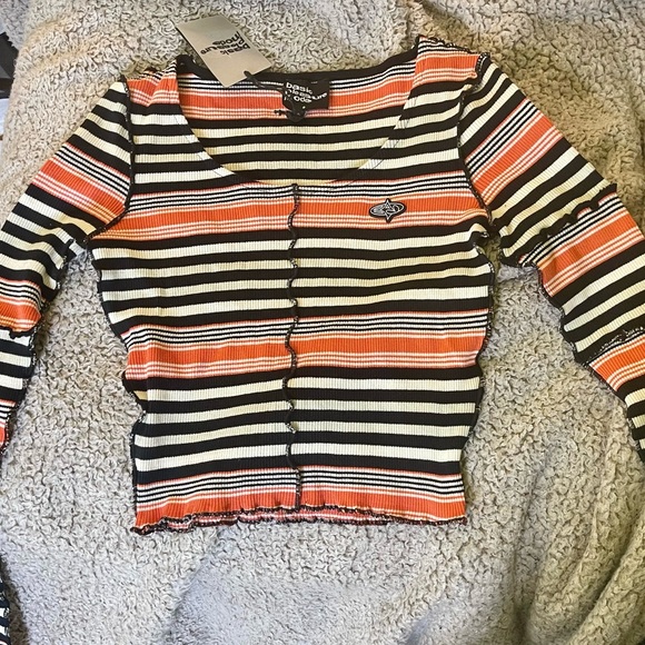 NWT New Striped Dolls Kill Stretch Thermal Lettuce Grunge Scoop neck Long Sleeve - Picture 3 of 8